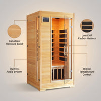 1-2-Person Infrared Sauna Room with 4 Low-Emf Carbon Heaters, Audio System, Canadian Hemlock — infographic