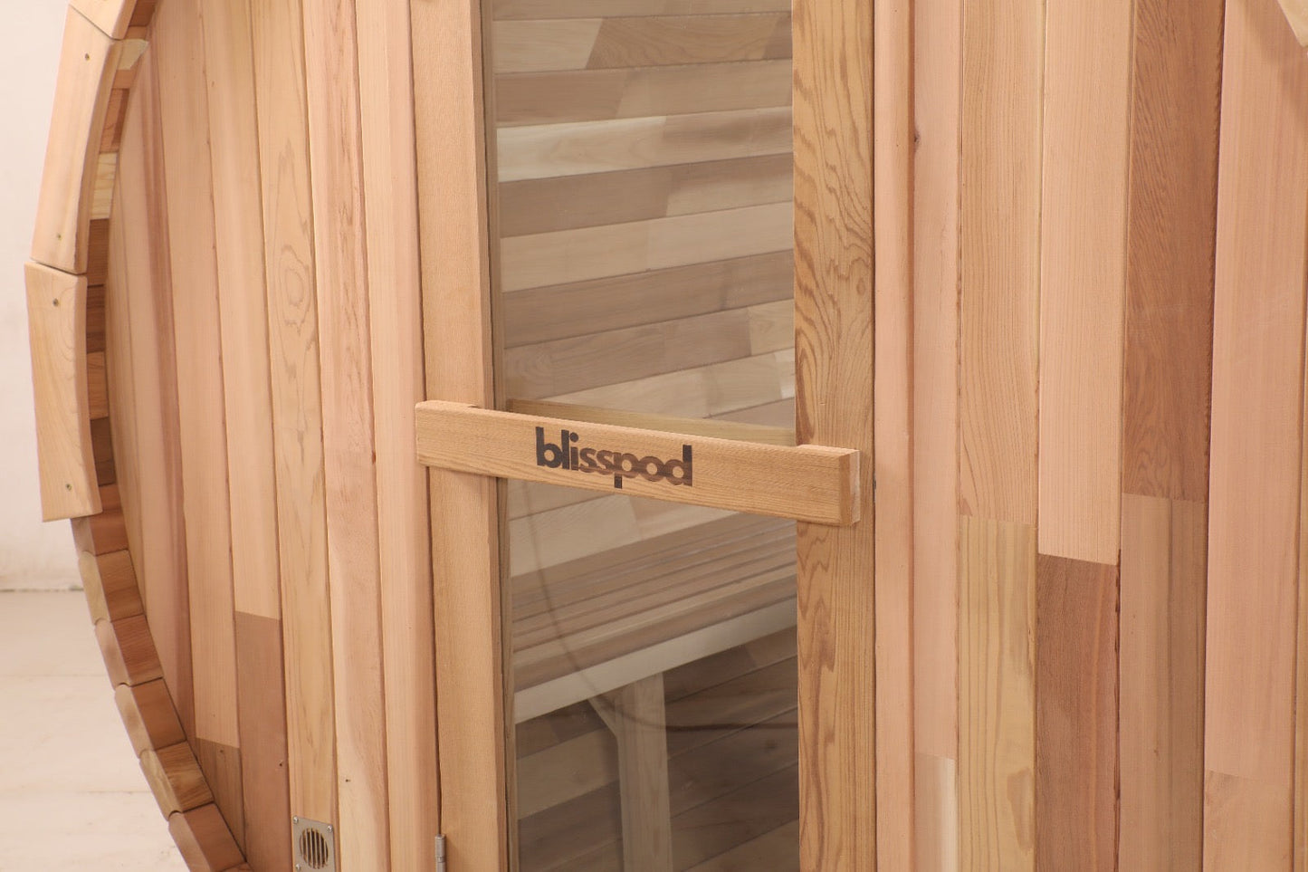 Blisspod, Prague, Canadian Red Cedar Outdoor Steam Barrel Sauna, 2-4 or 4-6 person with Full Glass Back & 2 front Porch seats