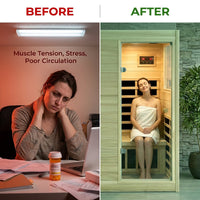 Far Infrared Sauna European Aspen Wood 1 Person Infrared Sauna for Home 905W Low EMF Mini Indoor Sauna with Bluetooth Speakers, Right Door — Before & After