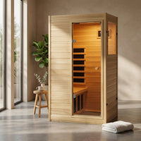 Far Infrared Sauna European Aspen Wood 1 Person Infrared Sauna for Home 905W Low EMF Mini Indoor Sauna with Bluetooth Speakers, Right Door — Studio Shot