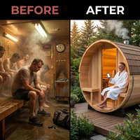 Outdoor Barrel Sauna Crafted for Home Wellness, 4-6 Person Cedar, 9kW Electric Heater, Wi-Fi Panel — Before & After