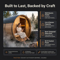 Outdoor Barrel Sauna Crafted for Home Wellness, 4-6 Person Cedar, 9kW Electric Heater, Wi-Fi Panel — Results & Stats