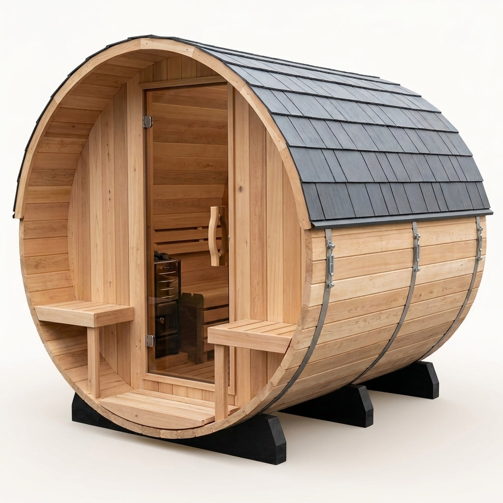 Outdoor Barrel Sauna Crafted for Home Wellness, 4-6 Person Cedar, 9kW Electric Heater, Wi-Fi Panel — Studio Shot