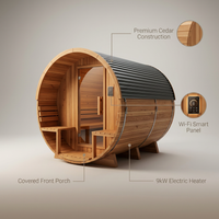 Outdoor Barrel Sauna Crafted for Home Wellness, 4-6 Person Cedar, 9kW Electric Heater, Wi-Fi Panel — infographic