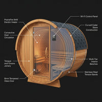 Outdoor Barrel Sauna Crafted for Home Wellness, 4-6 Person Cedar, 9kW Electric Heater, Wi-Fi Panel — How It Works