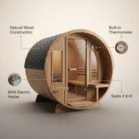 Outdoor Traditional Sauna, 4-6 Person Wooden Sauna, Steam Wet Wood Sauna with 220V with 6KW Heater, Sauna Stone, Thermometer — infographic