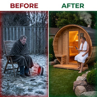 Paxton 4-6 Person Traditional Cedar Outdoor Barrel Sauna with Electric Sauna Heater, Front Porch, Sauna Rocks, Dry Heat, Steam Sauna, LED Lights, Wi-Fi Panel, Sauna Accessories — Before & After