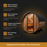 Paxton 4-6 Person Traditional Cedar Outdoor Barrel Sauna with Electric Sauna Heater, Front Porch, Sauna Rocks, Dry Heat, Steam Sauna, LED Lights, Wi-Fi Panel, Sauna Accessories — Results & Stats