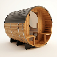 Paxton 4-6 Person Traditional Cedar Outdoor Barrel Sauna with Electric Sauna Heater, Front Porch, Sauna Rocks, Dry Heat, Steam Sauna, LED Lights, Wi-Fi Panel, Sauna Accessories — Studio Shot