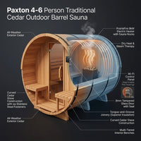 Paxton 4-6 Person Traditional Cedar Outdoor Barrel Sauna with Electric Sauna Heater, Front Porch, Sauna Rocks, Dry Heat, Steam Sauna, LED Lights, Wi-Fi Panel, Sauna Accessories — How It Works