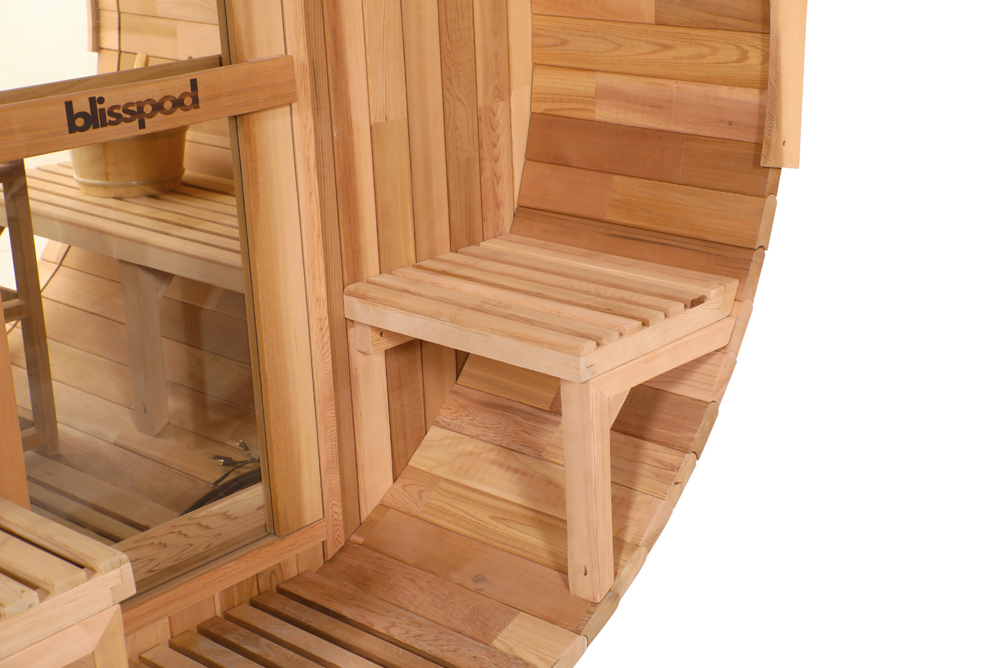 Blisspod, Prague, Canadian Red Cedar Outdoor Steam Barrel Sauna, 2-4 or 4-6 person with Full Glass Back & 2 front Porch seats