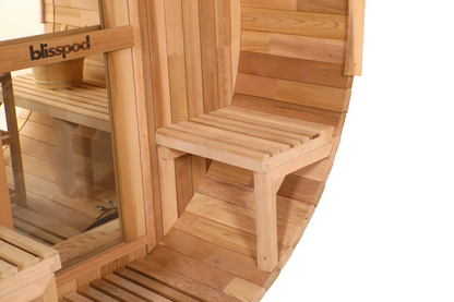 Blisspod, Prague, Canadian Red Cedar Outdoor Steam Barrel Sauna, 2-4 or 4-6 person with Full Glass Back & 2 front Porch seats