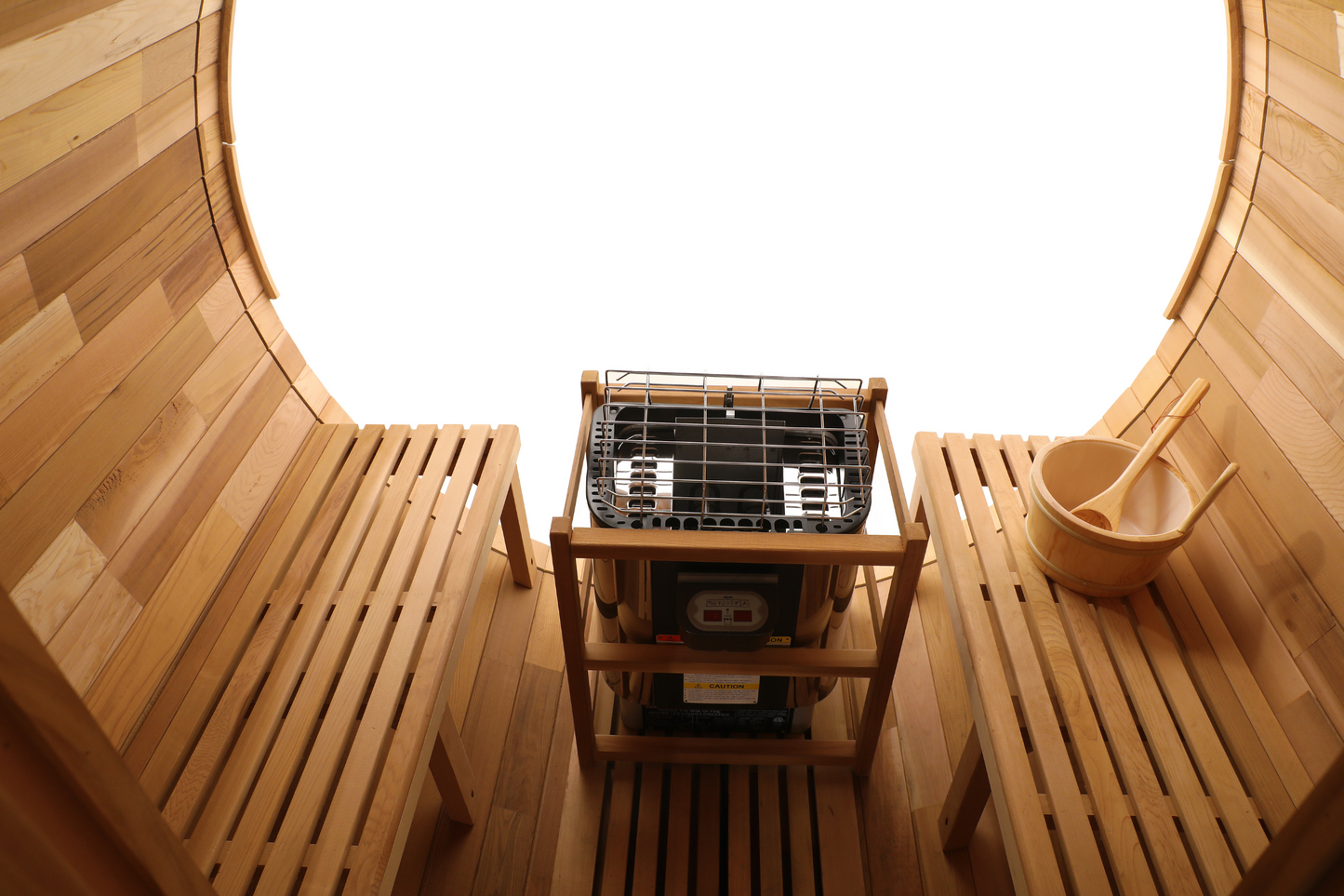 Blisspod, Prague, Canadian Red Cedar Outdoor Steam Barrel Sauna, 2-4 or 4-6 person with Full Glass Back & 2 front Porch seats
