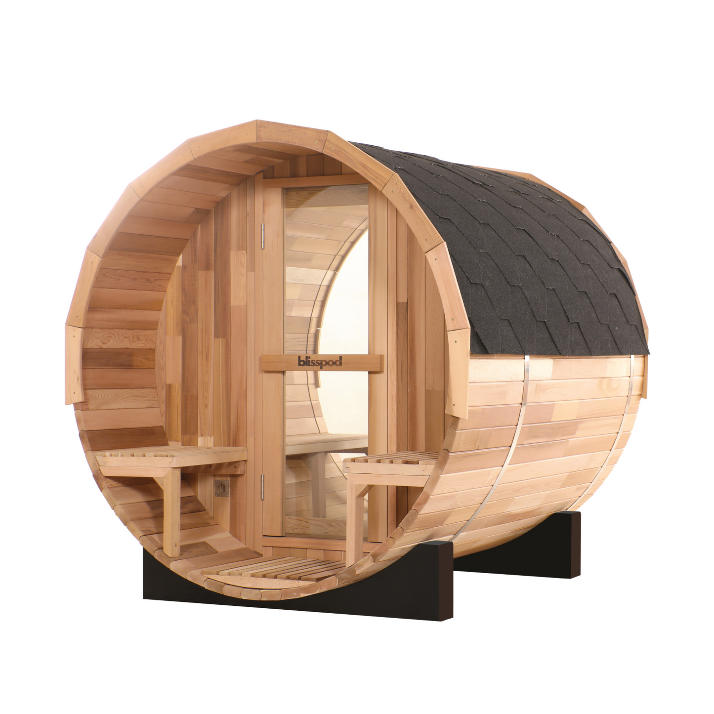 Blisspod, Prague, Canadian Red Cedar Outdoor Steam Barrel Sauna, 2-4 or 4-6 person with Full Glass Back & 2 front Porch seats