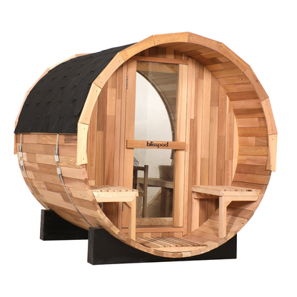Blisspod, Prague, Canadian Red Cedar Outdoor Steam Barrel Sauna, 2-4 or 4-6 person with Full Glass Back & 2 front Porch seats