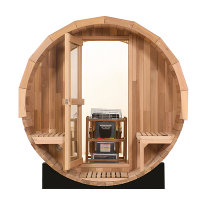 Blisspod, Prague, Canadian Red Cedar Outdoor Steam Barrel Sauna, 2-4 or 4-6 person with Full Glass Back & 2 front Porch seats