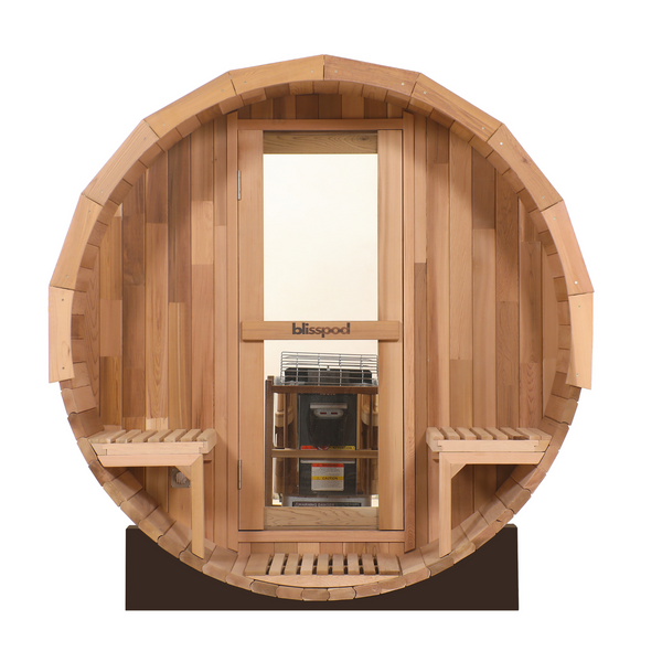 Blisspod, Prague, Canadian Red Cedar Outdoor Steam Barrel Sauna, 2-4 or 4-6 person with Full Glass Back & 2 front Porch seats