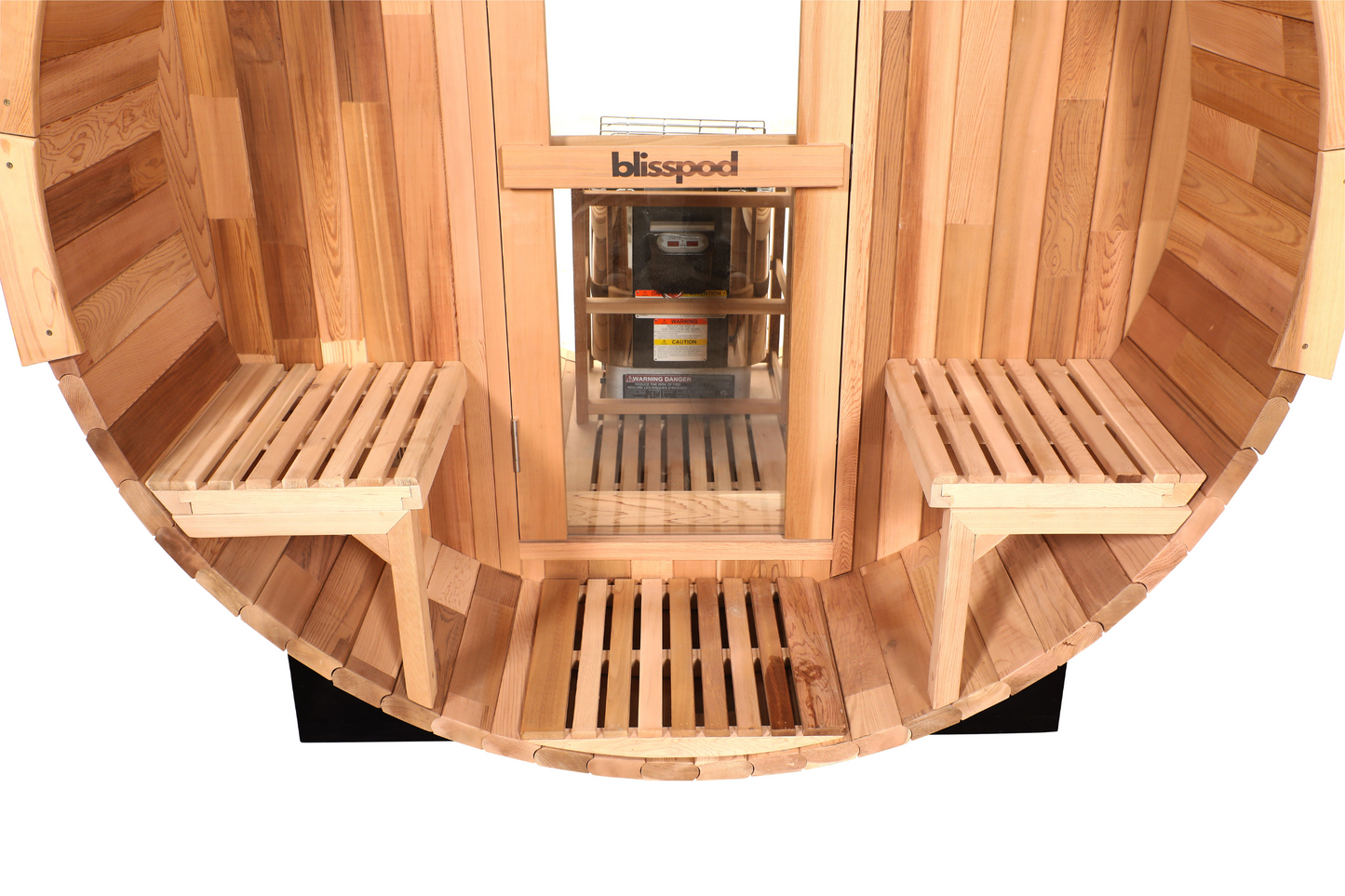Blisspod, Prague, Canadian Red Cedar Outdoor Steam Barrel Sauna, 2-4 or 4-6 person with Full Glass Back & 2 front Porch seats