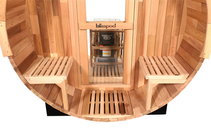Blisspod, Prague, Canadian Red Cedar Outdoor Steam Barrel Sauna, 2-4 or 4-6 person with Full Glass Back & 2 front Porch seats