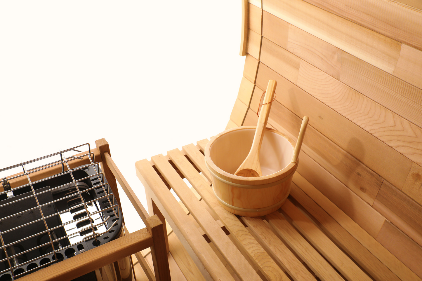 Blisspod, Prague, Canadian Red Cedar Outdoor Steam Barrel Sauna, 2-4 or 4-6 person with Full Glass Back & 2 front Porch seats