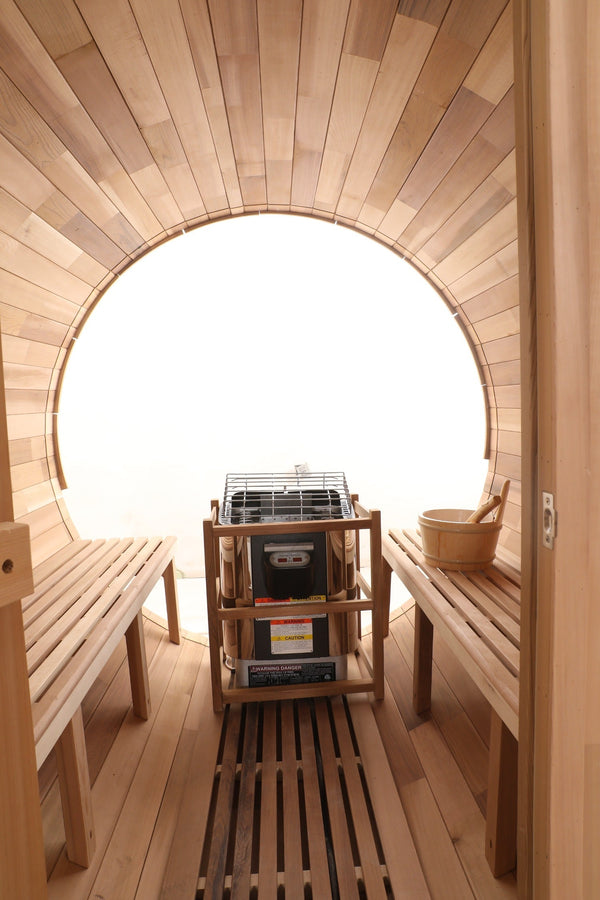 Blisspod, Prague, Canadian Red Cedar Outdoor Steam Barrel Sauna, 2-4 or 4-6 person with Full Glass Back & 2 front Porch seats